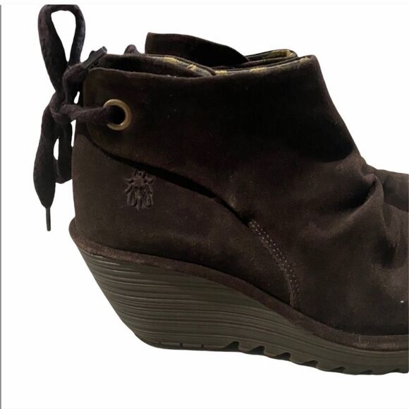 Fly London Suede Yama Wedge Bootie Sludge Brown Lace Up 10 - Picture 2 of 8